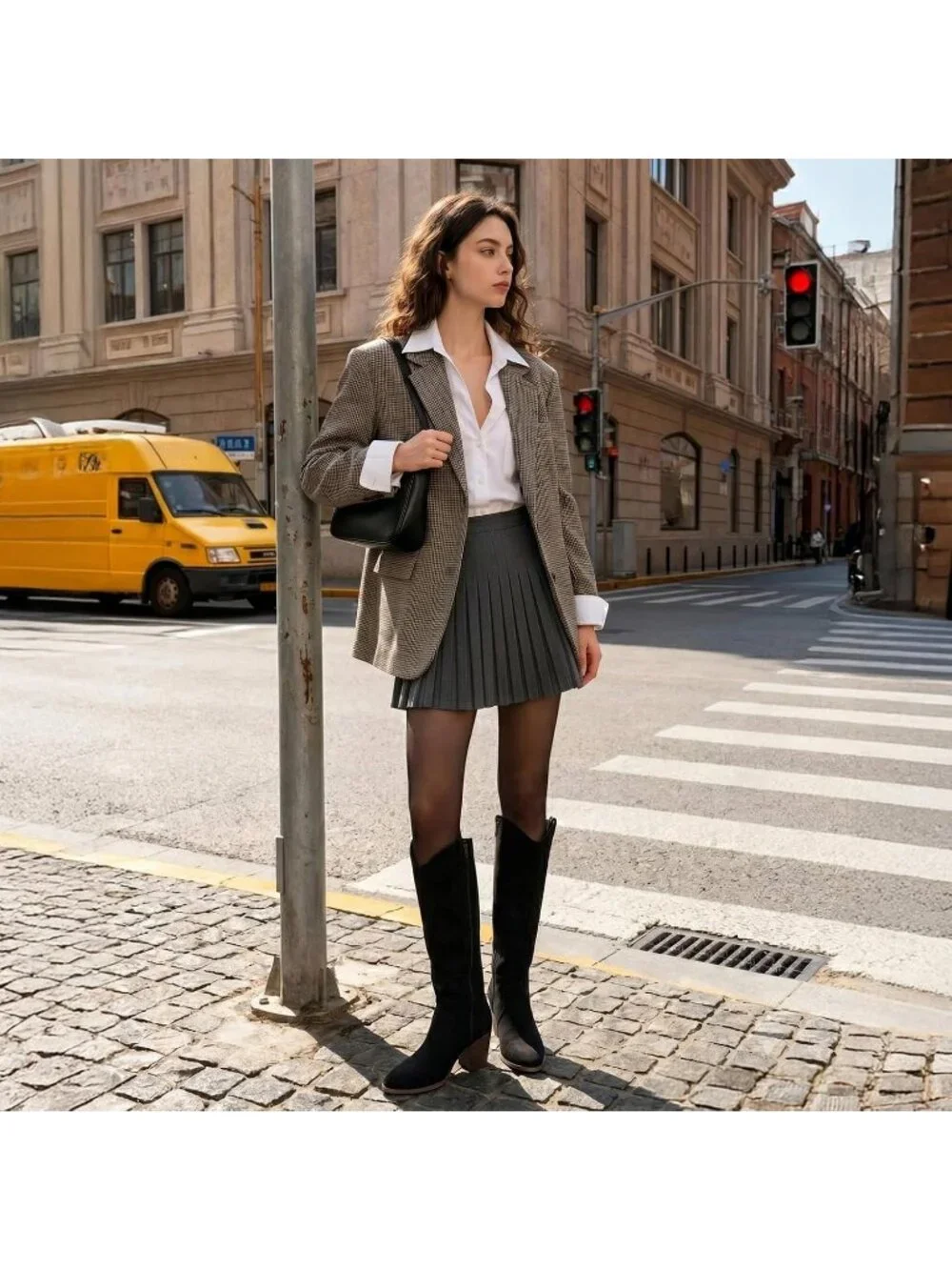 Women's Black Suede Chunky Heel Suede Pointed Toe Side Zipper Knee High Boots